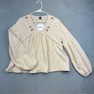 SHEIN Vcay Lantern Sleeve Shirt Womens Small 4 Beige‎ Bohemian Cotton Casual NEW